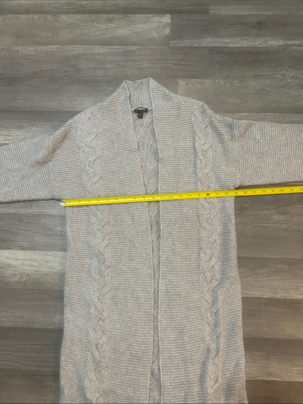 Express Women’s Cardigan Long Length Open Front Cable Knit Taupe Size Small - Picture 4 of 11
